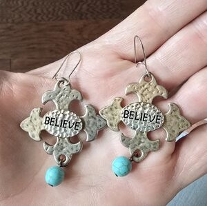 Silver Boho Believe Earrings with Turquoise Bead Accent